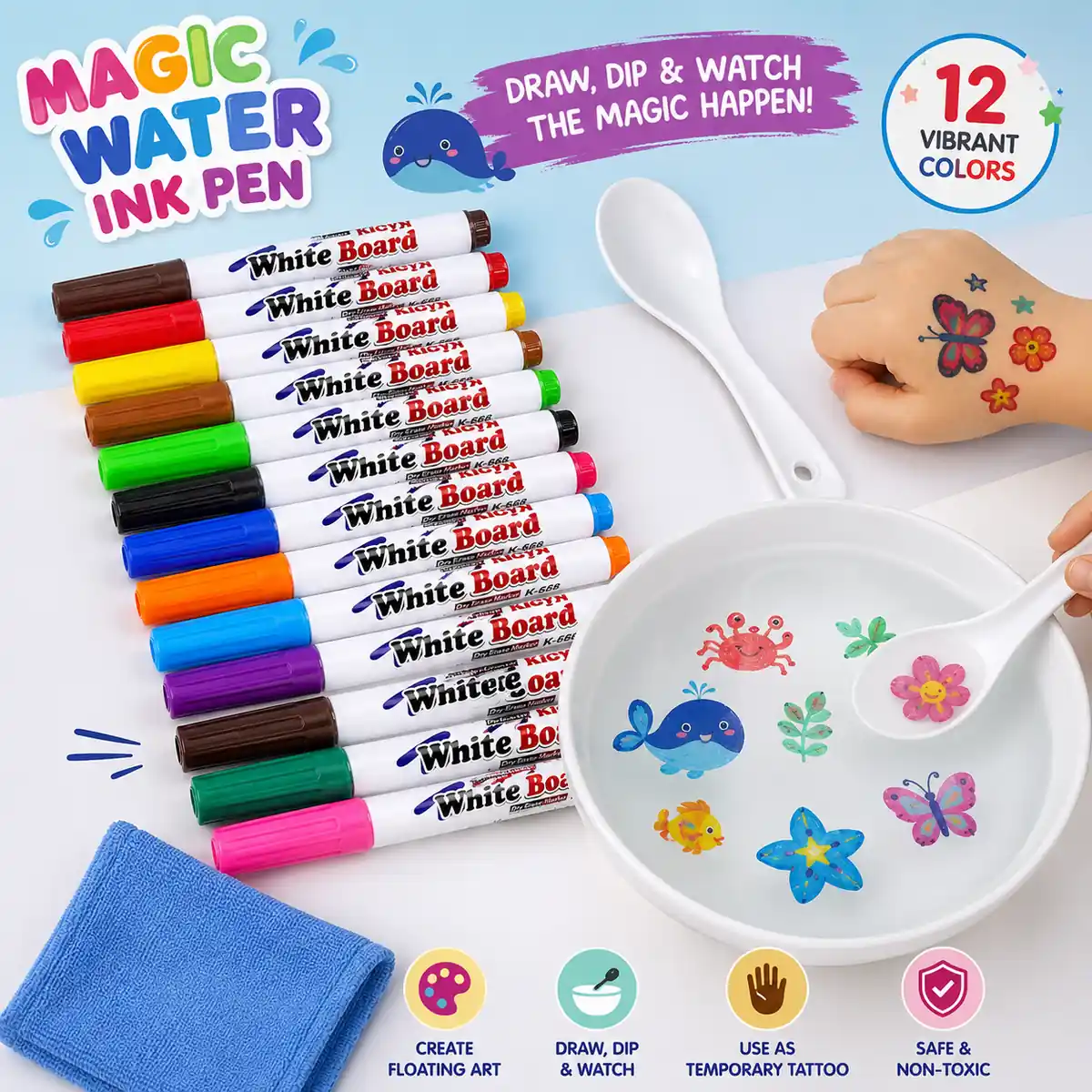 magic-water-ink-pen-12-color-whiteboard-markers-kids-craft Reusable magic water markers with ceramic spoon and cleaning cloth.