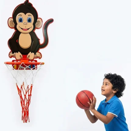 Child playing with wall mounted Monkey Face Basketball Hoop for Kids