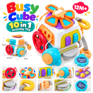 Busy Cube activity cube for toddlers with gears switches and fine motor learning activities