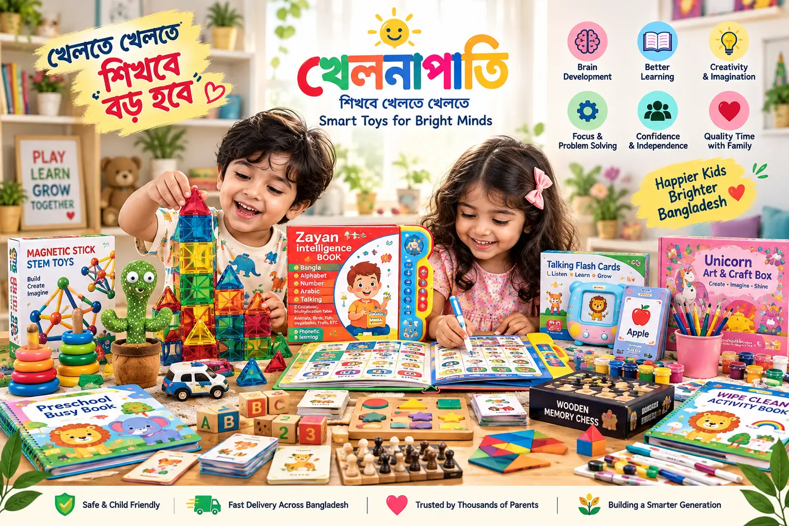 Two children playing with Khelnapati educational toys, intelligence books, STEM toys, flash cards and creative learning produc