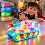 Close up view of colorful gears inside transparent mechanical tank toy
