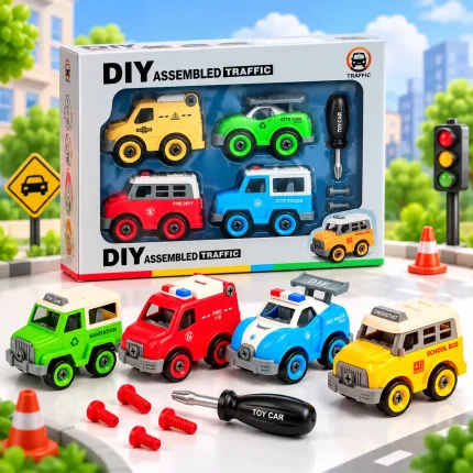 DIY traffic toy car with separate body, chassis, wheels, screws and screwdriver for reassembly