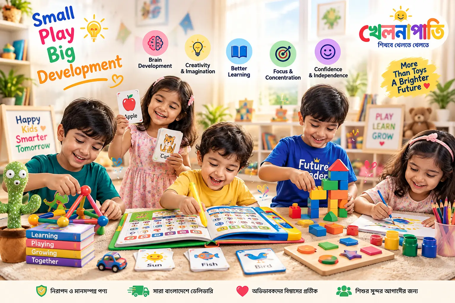 Khelnapati kids learning products including magnetic STEM toys, intelligence books, flash cards, busy books, puzzles and art craft toys