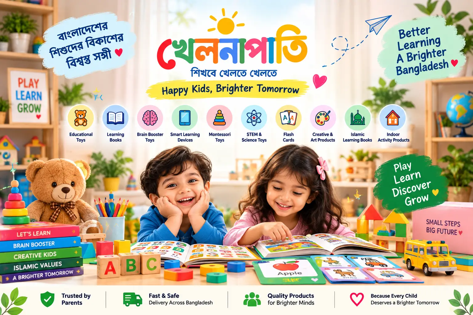 Bangladeshi children playing with educational toys, learning books, puzzles and creative activities for brain development