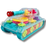 Side view of mechanical gear tank toy showing colorful gear movement system