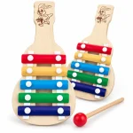Front view of kids wooden guitar shape 5-note xylophone with rabbit carving and red round mallet