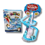 Close up view of blue cute penguins climbing the escalator stairs on musical track