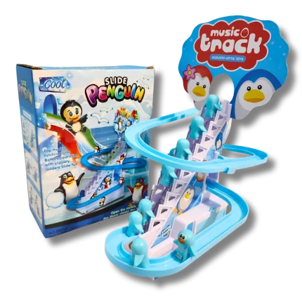 Electric penguin climbing stairs and slide race track toy with music track header