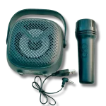 Detailed view of speaker front sound grille and carrying handle