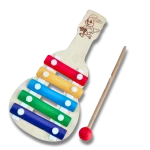 Angled close-up of colorful keys on toddler wooden guitar xylophone musical toy