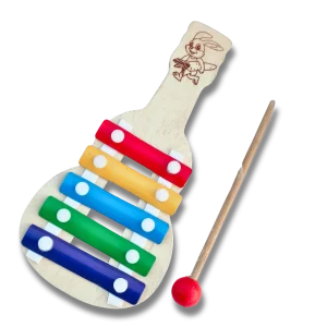 Angled close-up of colorful keys on toddler wooden guitar xylophone musical toy