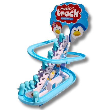 Cool slide penguin battery operated track toy set with colorful retail box packaging
