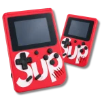 Front view of red SUP 400 in 1 handheld retro game box console on soft white fur background