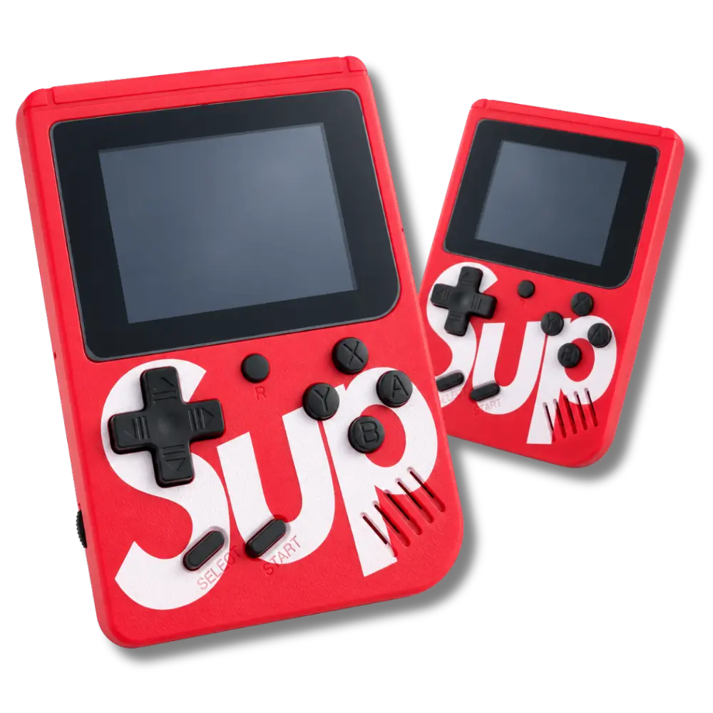 sup-400-in-1-retro-handheld-game-console-red-front-view Front view of red SUP 400 in 1 handheld retro game box console on soft white fur background