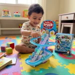 Smooth blue curved roller coaster slide tracks of the interactive penguin toy