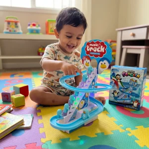 Smooth blue curved roller coaster slide tracks of the interactive penguin toy